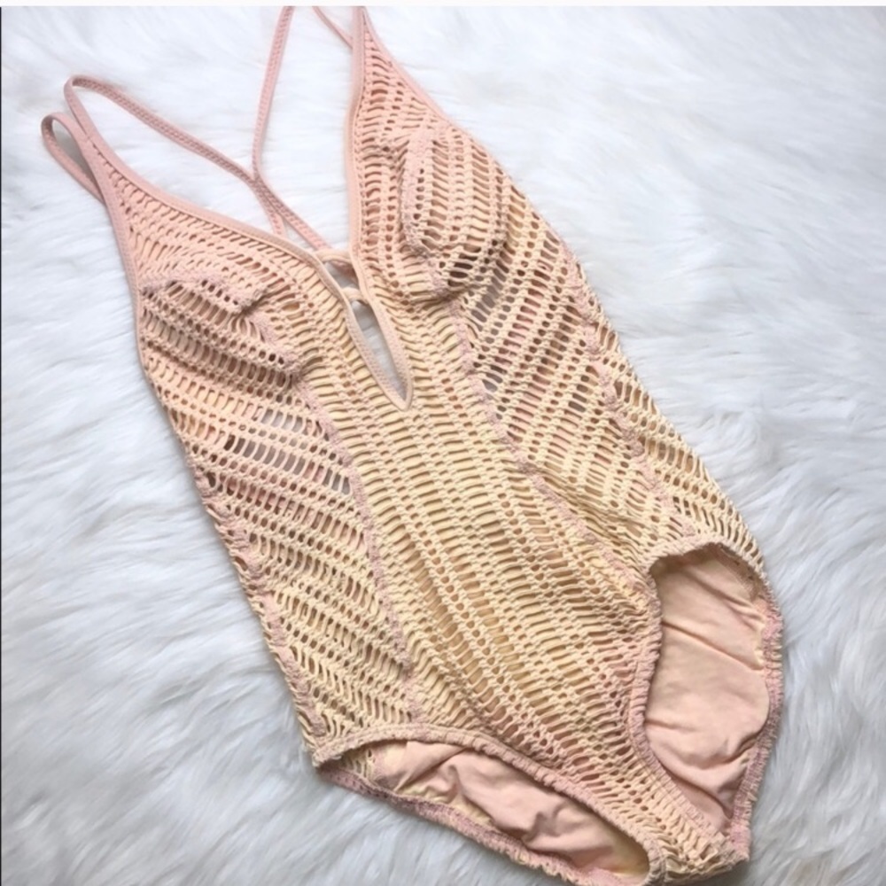 ROBIN PICCONE peach crocheted one piece w/built in bra